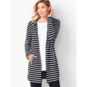 Talbots Womens XL Stripe Hooded Flyaway Cardigan Lightweight Knit Relaxed Knit